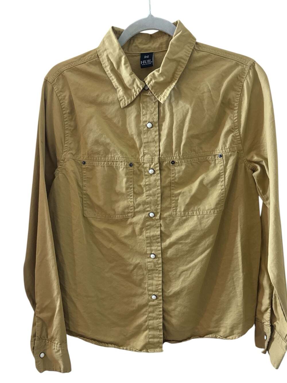 Hue Women's Cotton Lyocell Blend Utility Button-Down Shirt, Mustard Tan M